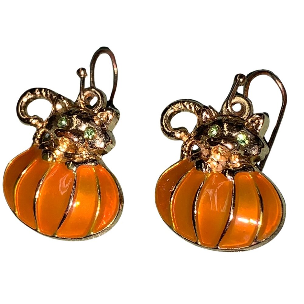 Cat and Pumpkin Small Earrings Orange and Gold tone